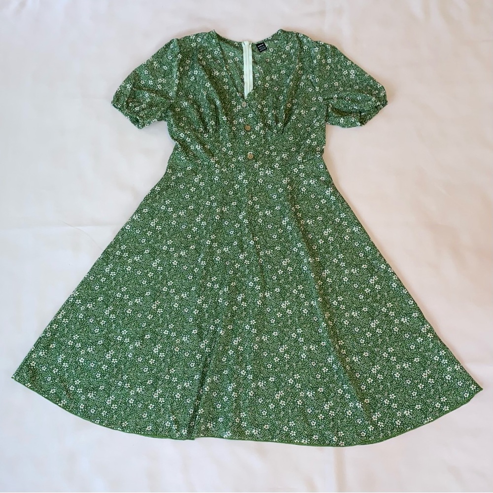 Green Floral V Neck Puff Sleeve Dress, L